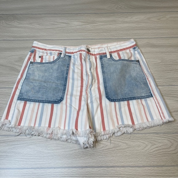 American Eagle Outfitters Cotton Striped Raw Hem Mom Short Pink Blue Size 14 - Picture 2 of 13